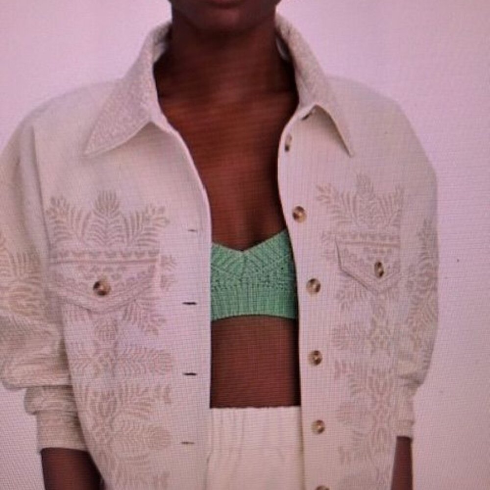Intermix Melanie Embroidered Cotton Button Down Utility Shirt Jacket, Size S